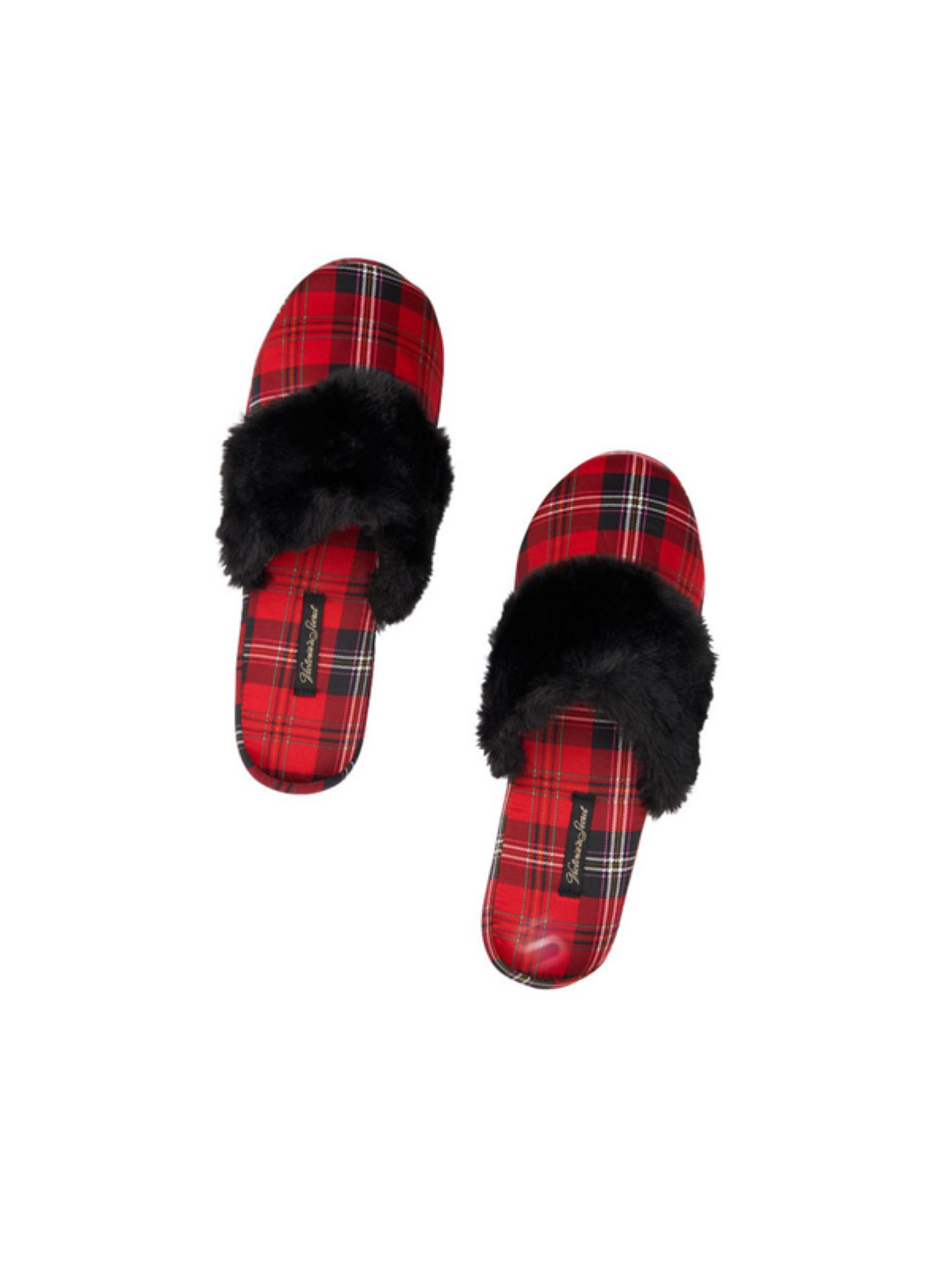Victoria's Secret | SATIN SIGNATURE SLIPPERS | Red Black Plaid Faux Fur Slippers Medium (7-8)