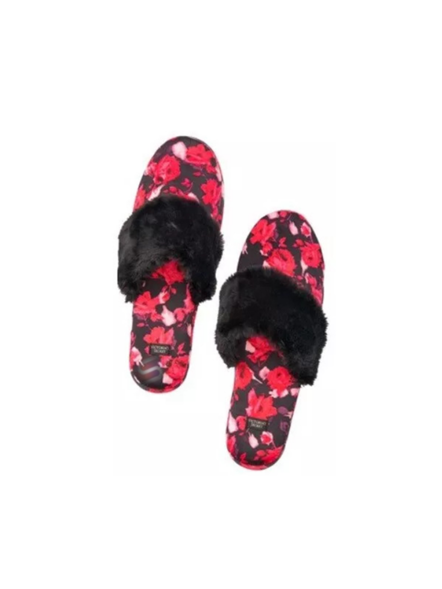 Victoria's Secret | SATIN SIGNATURE SLIPPERS | Floral Faux Fur Slippers Medium (7-8)