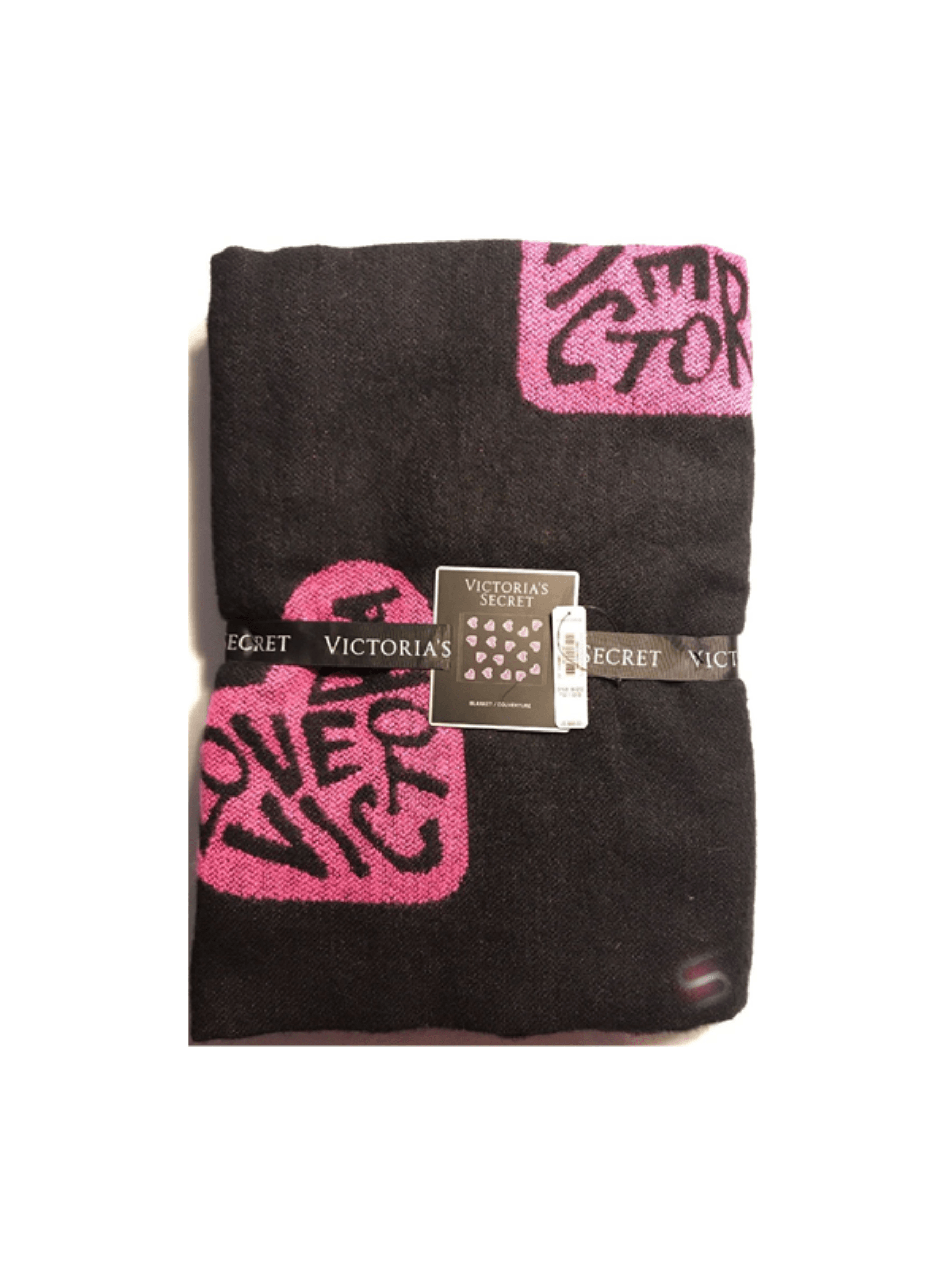 Victoria's Secret | Black Cozy Reversible Throw Blanket | LOVE VICTORIA Logo HEARTS | 50''W X 60''L - StyleOcean Limited